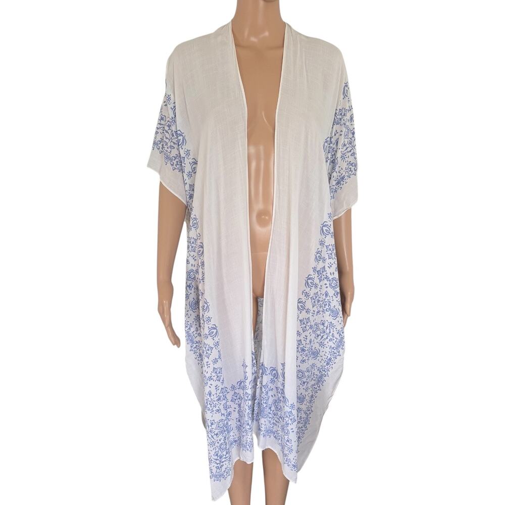 Torrid Floral Kimono Cover Up Boho Beach Resort Duster 1X White Blue Cottage